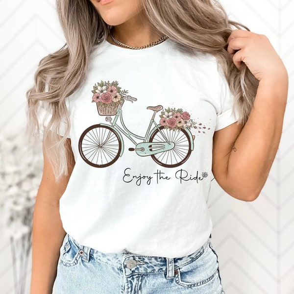 Enjoy The Ride Shirt, Bicycle T-Shirt, Retro Graphic Tee, Bike Ride Shirt, Floral Bicycle Shirt, Cyclist Gift, Gift for Her, Positive Tee