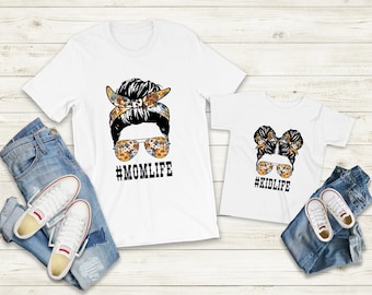 Country Mommy And Me Messy Bun Shirts, Mom Life Shirt, Kid Life Shirt, Baby Life Bodysuit, Matching Shirts, Cowhide Sunflower Turquoise Tees