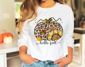Hello Fall Leopard Pumpkin Sweatshirt, Fall Sweatshirt, Pumpkin Sweatshirt, Leopard Sunflower Shirt, Hello Fall Shirt, Pumpkin Season Shirt