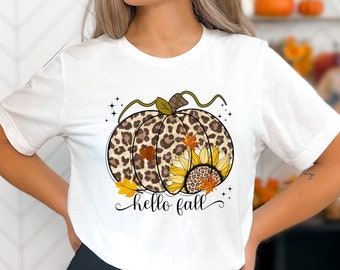Hello Fall Leopard Pumpkin Shirt, Fall Shirt, Leopard Sunflower Shirt, Pumpkin T-Shirt, Hello Fall T-Shirt, Pumpkin Season Shirt