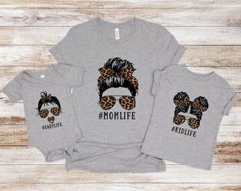 Leopard Mommy And Me Messy Bun Shirts, Mom Life Shirt, Kid Life Shirt, Baby Life Bodysuit, Matching Shirts, Mama Shirt, Cute Leopard Tees
