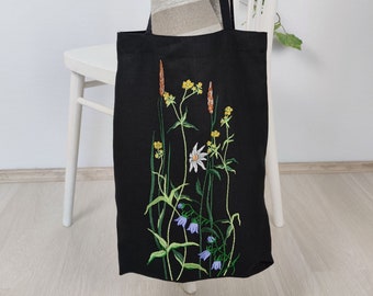 Black Linen Tote Bag With Embroidered Flowers Reusable Shopping Bag