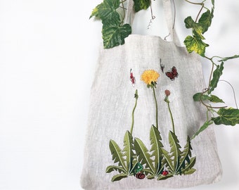 Linen Tote Bag Reuse Shopping Bag With Embroidered Flowers