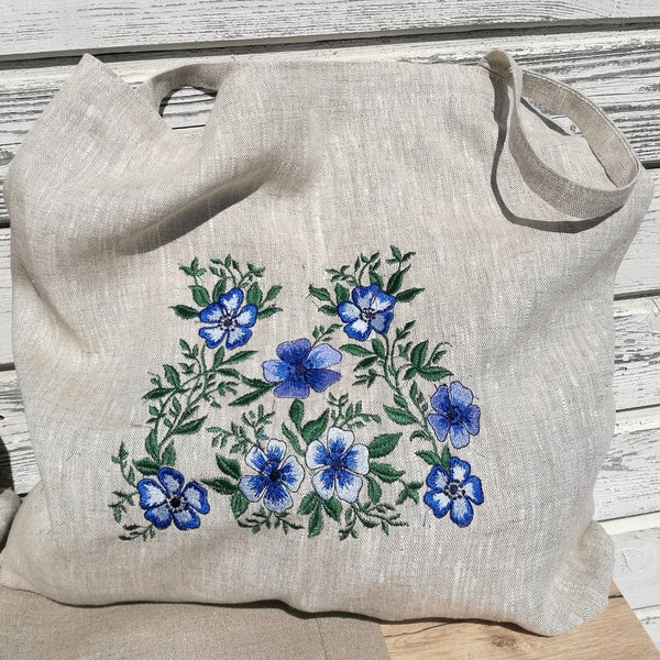 Borsa tote in lino Riuso Shopping Bag con fiori ricamati Borsa in tela