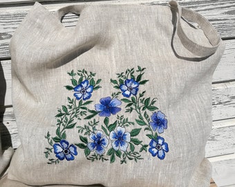 Linen Tote Bag Reuse Shopping Bag With Embroidered Flowers Canvas bag