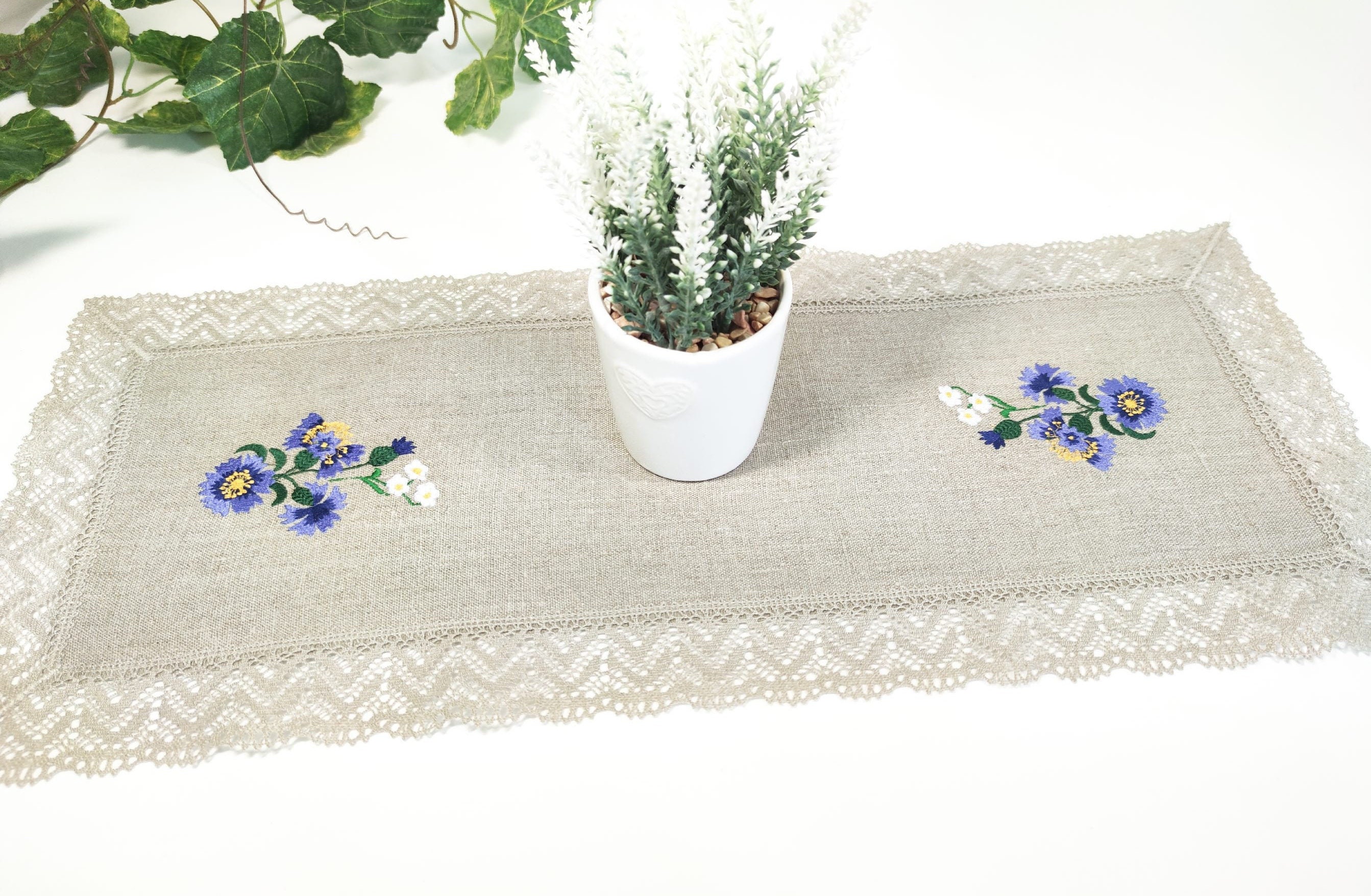 Small Coffee Table Runner With Embroidered Cornflowers Rustic Table