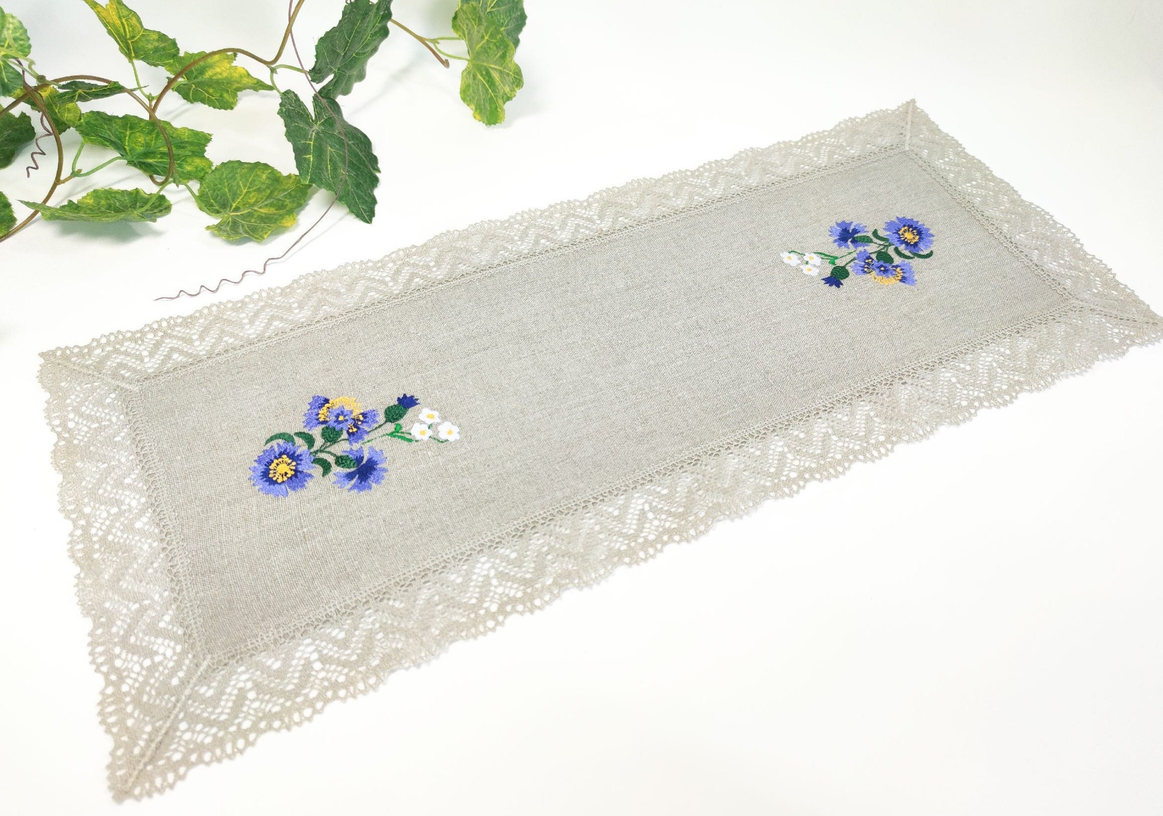 Small Coffee Table Runner With Embroidered Cornflowers Rustic Etsy
