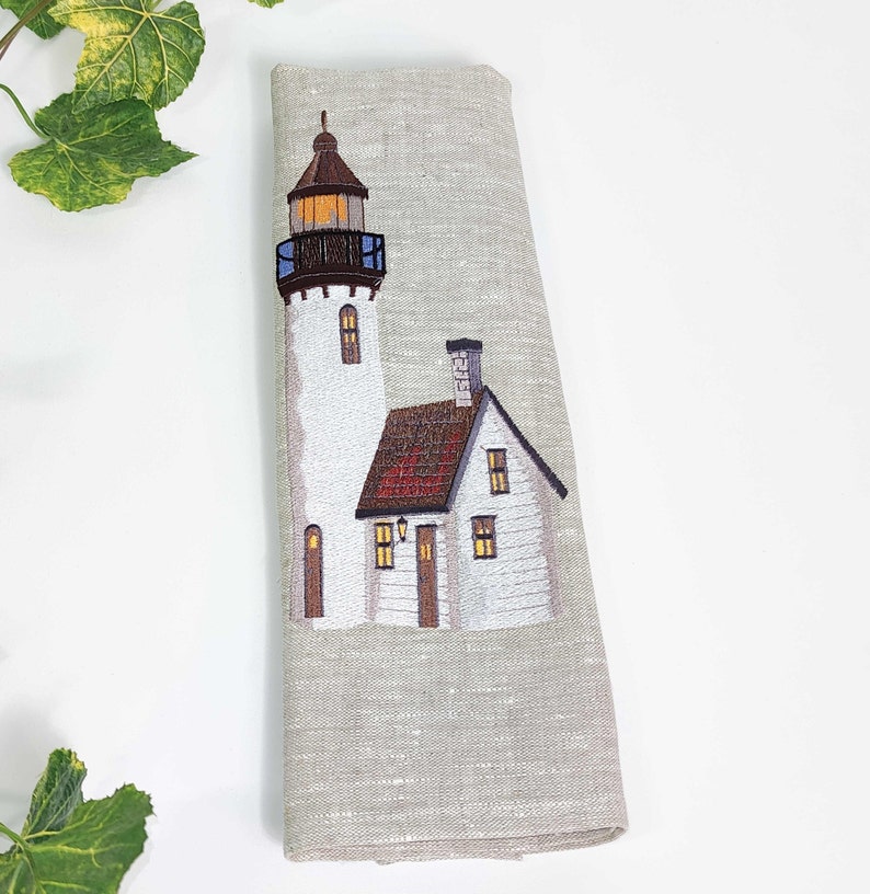 Embroidered Linen Dish Towel Embroidered Lighthouse Etsy