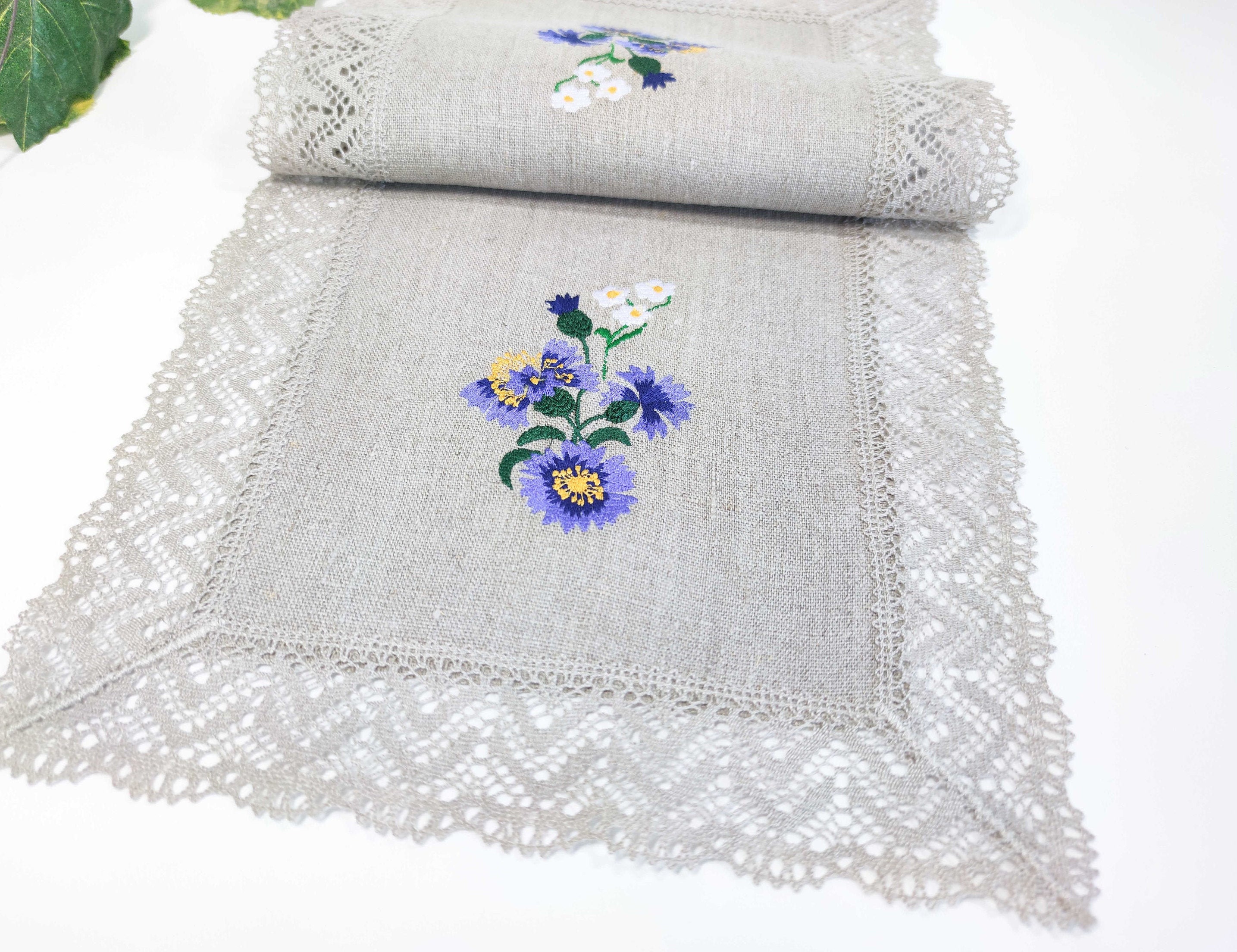 Small Coffee Table Runner With Embroidered Cornflowers Rustic Etsy