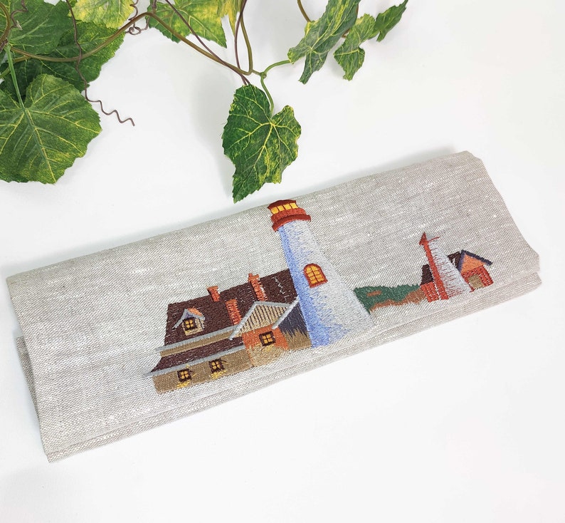 Embroidered Linen Dish Towel Embroidered Lighthouse Etsy
