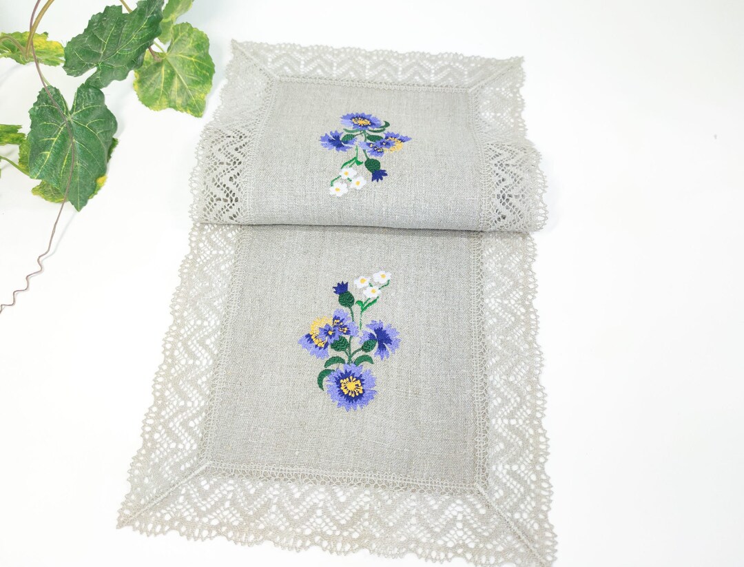 Small Coffee Table Runner With Embroidered Cornflowers Rustic Table