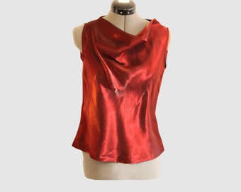 Sleeveless Cowl Neck Silky Red Top