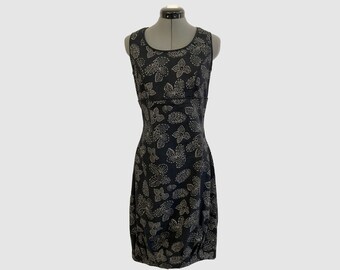 Black Linen Dress with Natural Floral Print Accent