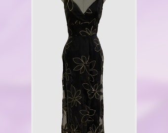 Black Organza Gown with Gold Floral Print