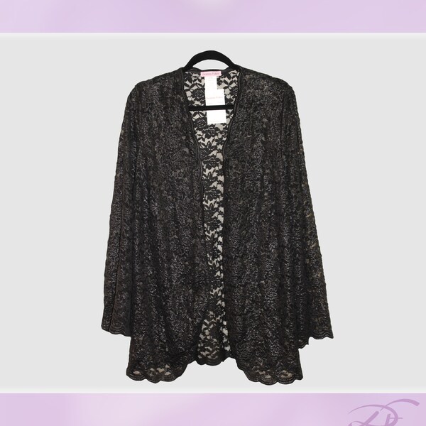 Black Floral Glimmer Print Lace Cardigan with Scalloped Edges