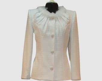 White Tweed Jacket with Vegan Faux Fur Collar