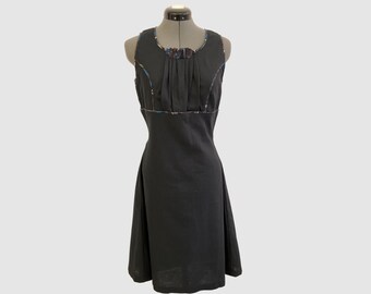 Black Linen Dress with Black and Floral Chiffon Piping Accent