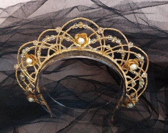 Gold beaded tiara, delicate golden crystal halo headpiece, gold crystal tiara, gold bridal headpiece, gold halo crown