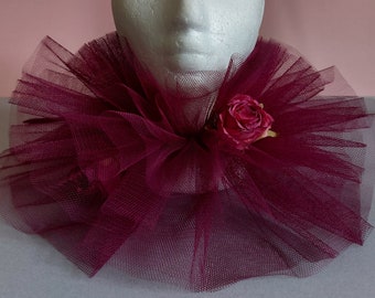 Burgundy ruffle collar, romantic clown collar, romantic tulle ruffles with flowers, pierrot clown ruffles, circus collar