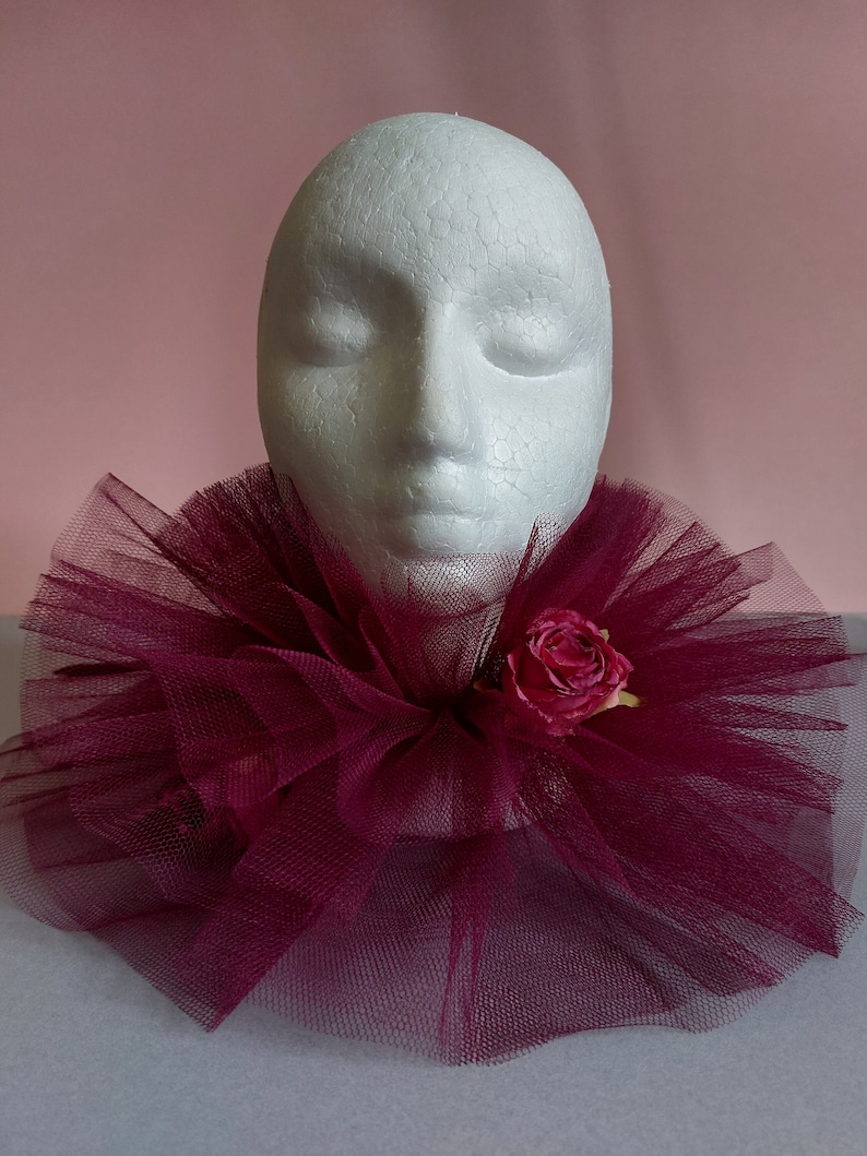 Burgundy ruffle collar, romantic clown collar, romantic tulle ruffles with flowers, pierrot clown ruffles, circus collar image 1