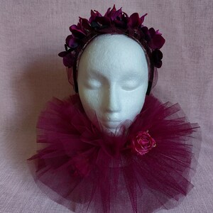 Burgundy ruffle collar, romantic clown collar, romantic tulle ruffles with flowers, pierrot clown ruffles, circus collar image 4