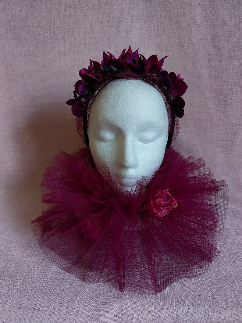 Burgundy ruffle collar, romantic clown collar, romantic tulle ruffles with flowers, pierrot clown ruffles, circus collar image 4