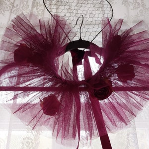 Burgundy ruffle collar, romantic clown collar, romantic tulle ruffles with flowers, pierrot clown ruffles, circus collar image 2