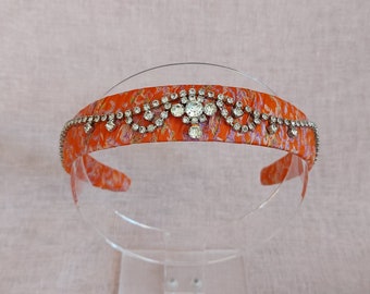 Vintage diamante silk headband, orange headband, upcycled jewellery headband, headband and earring set