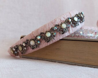 Upcycled vintage jewellery headband, pink lace headband