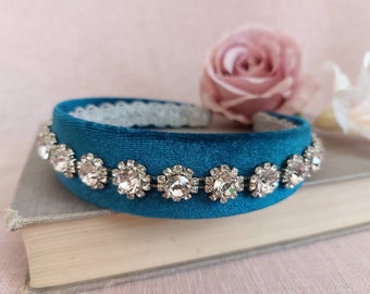 Vintage jewelled headband, blue velvet diamante headband