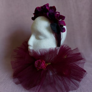 Burgundy ruffle collar, romantic clown collar, romantic tulle ruffles with flowers, pierrot clown ruffles, circus collar image 3