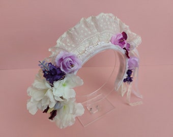 Whimsical, romantic cream white and purple lace and tulle headpiece, vintage flower crown, vintage wedding, romantic photoshoot