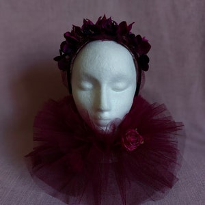 Burgundy ruffle collar, romantic clown collar, romantic tulle ruffles with flowers, pierrot clown ruffles, circus collar image 5