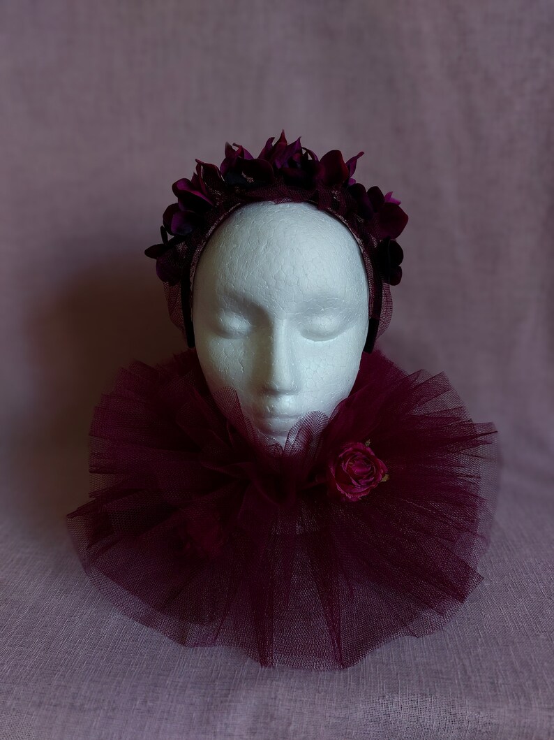 Burgundy ruffle collar, romantic clown collar, romantic tulle ruffles with flowers, pierrot clown ruffles, circus collar image 5