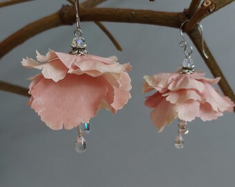 Dewdrop flower earrings, pastel pink flower petal earrings, whimsical fairy earrings, pastel botanical earrings