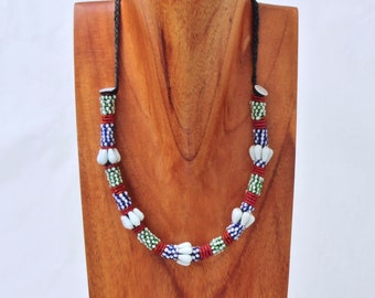 Vintage Cowrie Shell Necklace Handmade Adjustable Choker to 32 Inches Red Blue Green White