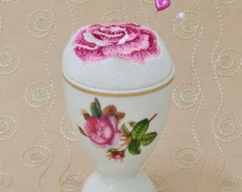 Pin Cushion Rose Embroidered on Cashmere & Porcelain Rose Egg Cup