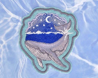 Whale Patch Iron On / Embroidered on Polyester Felt / 5 Inch / Great Blue Whale