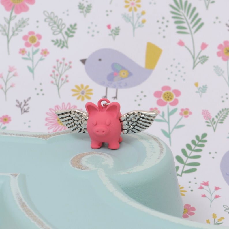 When Pigs Fly ADORABLE Charm Pink Little Piggy Hanging Loop Silver Tone Wings