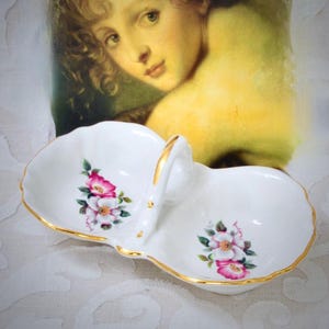 Vintage England Hand Painted Vanity Dish 2 Section Pink Roses