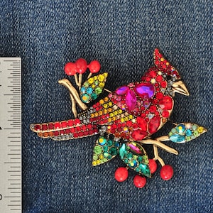 May include: A jeweled cardinal bird brooch with red, pink, yellow, and green crystals. The bird is perched on a gold-tone branch with red berry accents. The brooch measures approximately 2 inches in length.