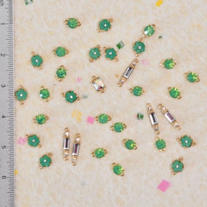 Rhinestone Connectors Gold Tone Metal Green Flowers Elongated Charms Clear