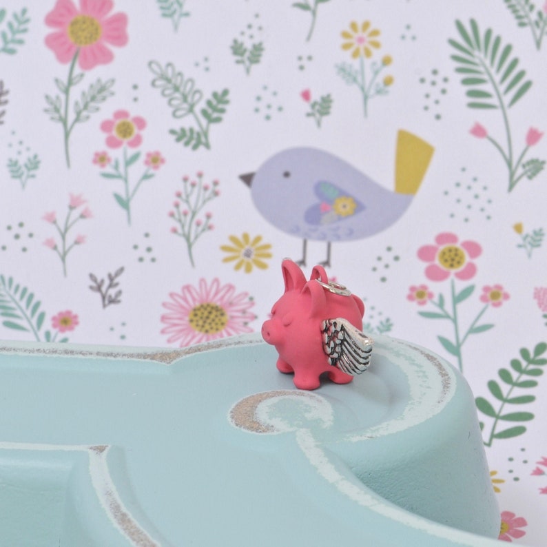 When Pigs Fly ADORABLE Charm Pink Little Piggy Hanging Loop Silver Tone Wings