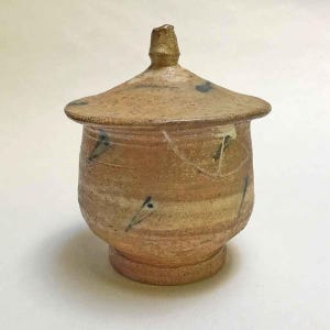 Op de afbeelding: Een handgemaakte keramische pot met een deksel. De pot heeft een warme, aardse tint met een getextureerd oppervlak en subtiele blauwe en witte accenten. Het deksel heeft een kleine knop bovenop. De pot is een uniek stuk aardewerk.