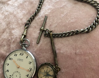 Reloj de bolsillo vintage con cadena Albo Silver Albert con fob de brújula