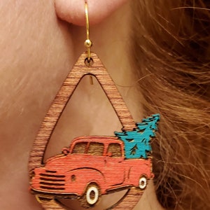 DIGITAL FILE ONLY Laser Cut Wood Teardrop Little Red Christmas Truck Earrings Jewelry