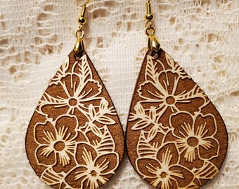 Digital File for Laser Cut Wood Teardrop Reverse Engrave Flowers Earrings Jewelry