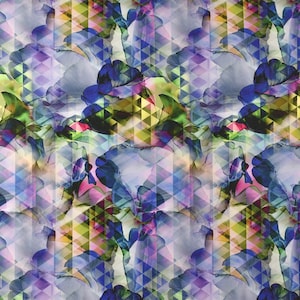 May include: Abstract floral pattern with blue, green, pink, and yellow flowers on a white background. The flowers are layered over a geometric pattern of triangles.