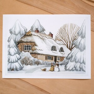 Fare un pupazzo di neve - Illustrazione ad acquerello. Stampa d'archivio fine art A4 su carta di cotone 100%.