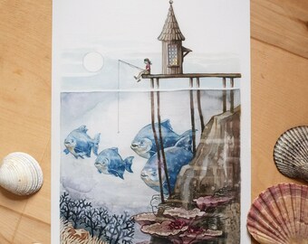 Fishing girl - Watercolor ilustration. Fine art archival print (giclee) on A4 100% cotton paper.